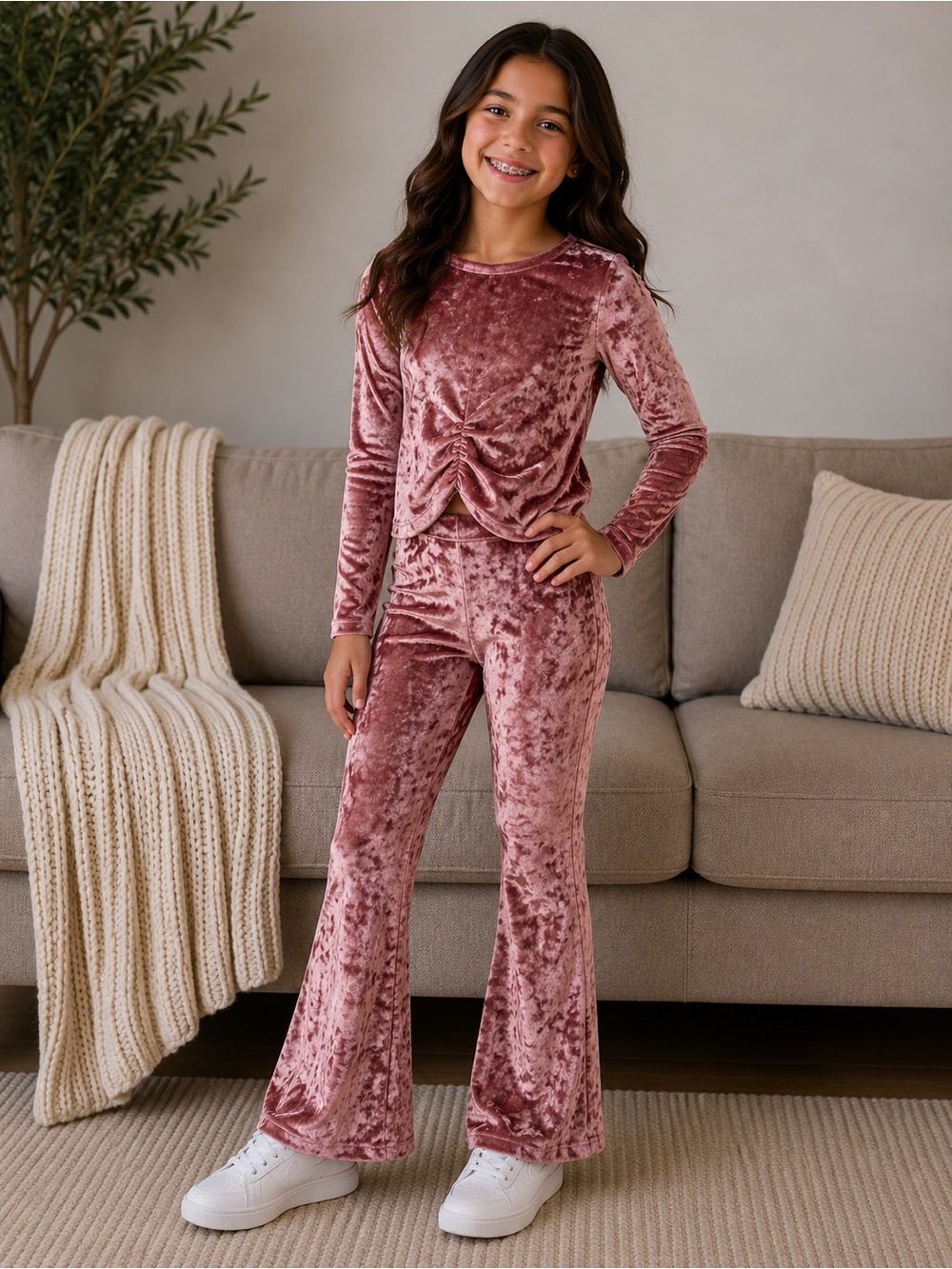 Old Navy Girls Pink Crushed Velvet 2-Piece Set Ruched Top & Flare Pants M